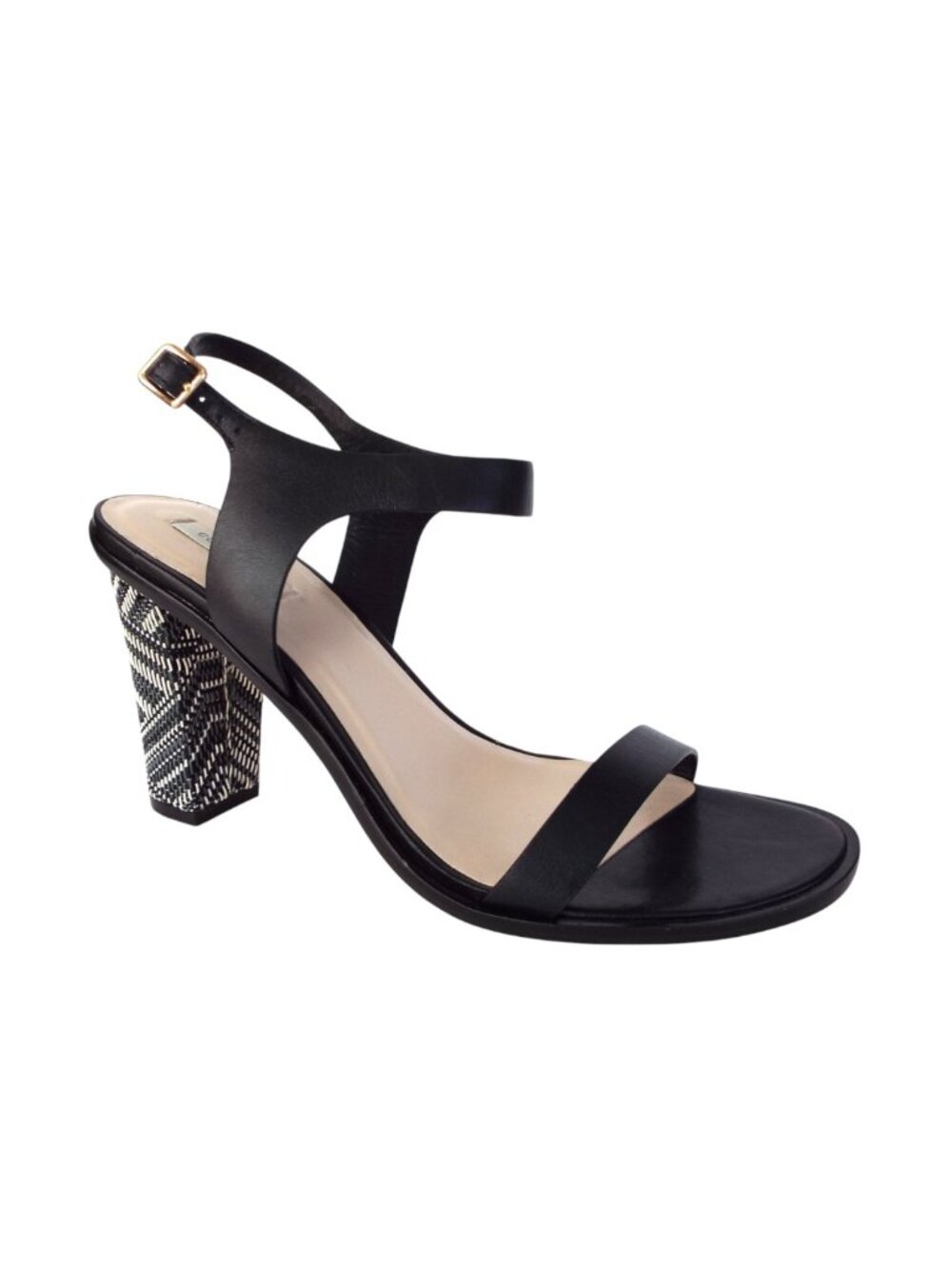 Unworn COLE HAAN Black Leather Ankle Strap Woven Wrapped Block Heel Sandals 8.5